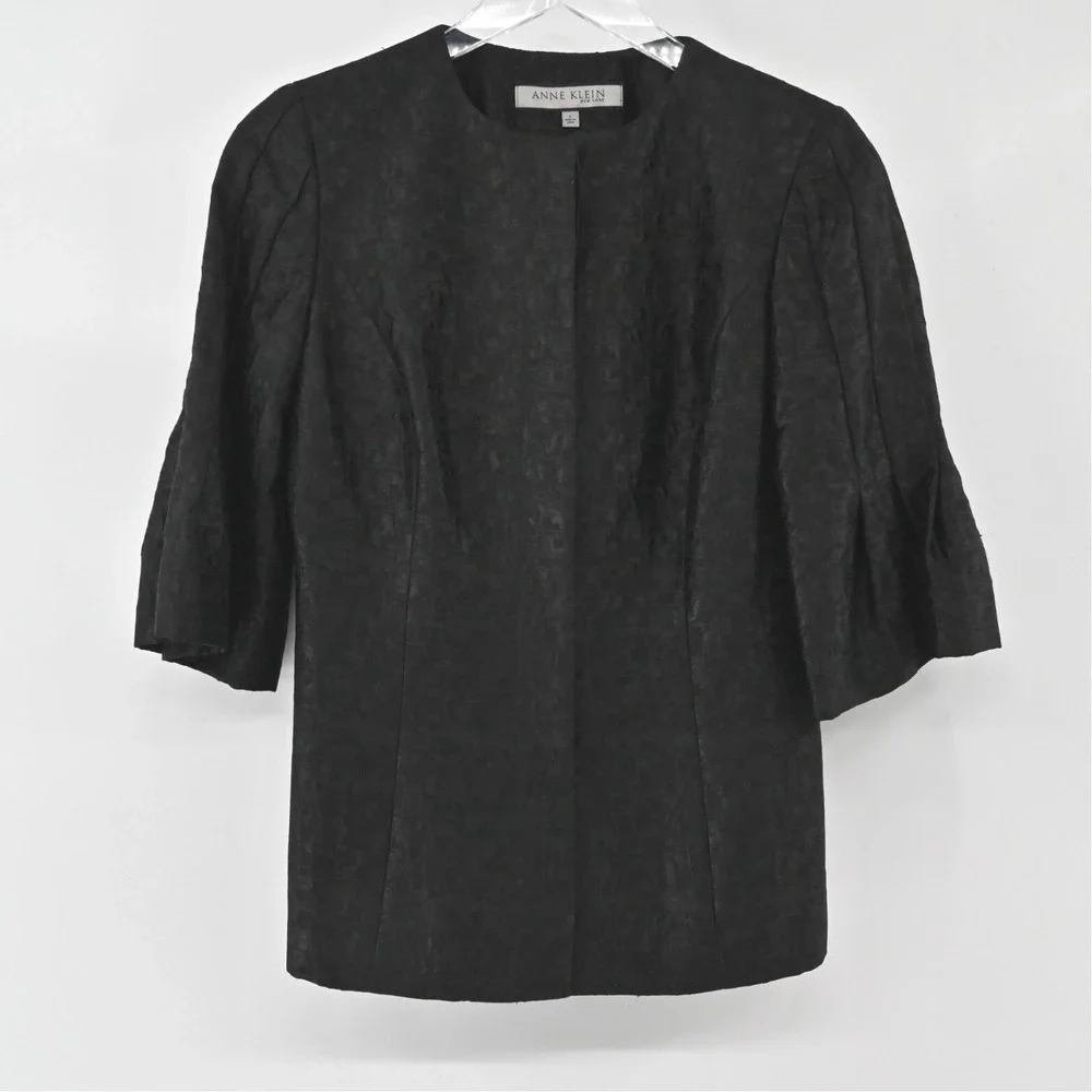 Anne Klein Textured Wool Blazer Womens Size 2 Black Bell Sleeve Vintage‎ 00s